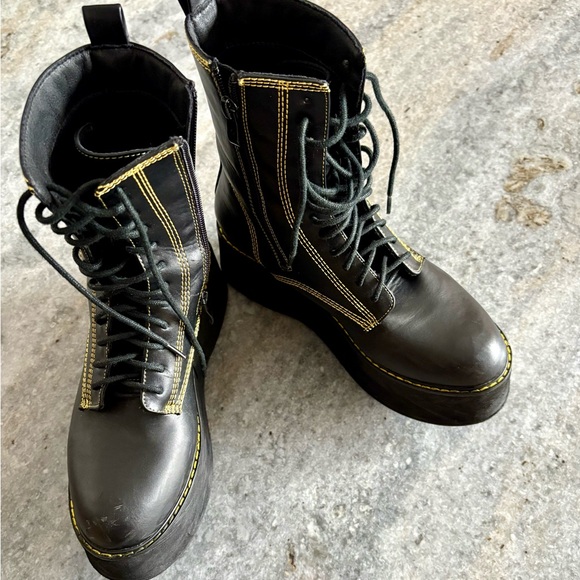 Nasty Gal Black Platform Combat Boots With Yellow Stitching.  Size 5. - Picture 3 of 7